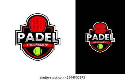 Padel tournament logo design. Emblem symbol with red color and racket, ball icon. Sports badge vector template