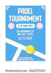 Padel tournament poster. Competition event template. Modern vector illustration with court, ball and text.