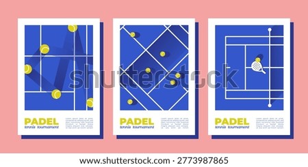 Padel tournament posters. Set of vector illustrations with court, rackets and ball, modern sport match flat banner design. Paddle tennis event flyers and competition templates