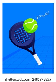 padel tournament, padel racket, padel ball, blue court, padel game items, vector image in white and blue. poster, banner, flyer, badge