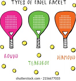 Padel Vector Rackets Set: Different Shapes. Drop, Diamond, Round Padel Racket. Hand Drawn Funny Pattern