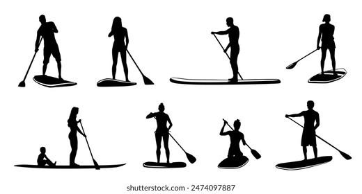 padleboarding silhouettes on the white background