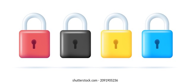 Padlock 3d icons set, colorful locks icons in different color