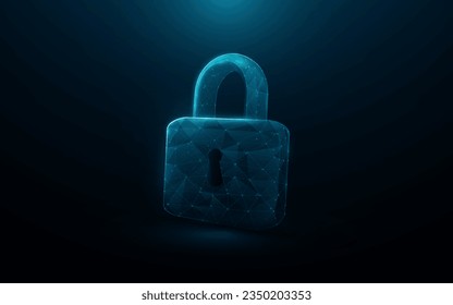 Padlock, 3D Lock. Safety and privacy. Cyber security. Low poly and lines, triangles, point connecting network on blue background. Illustration vector