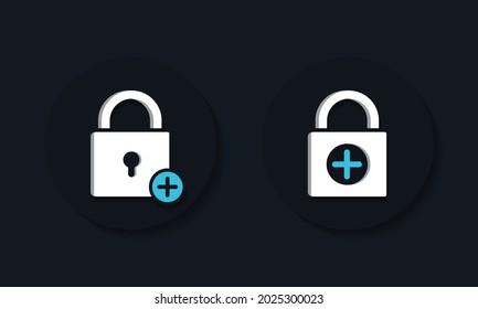 Padlock con icono de adición. Crear nueva contraseña de bloqueo. Protección adicional del sistema de seguridad. Vector de ilustración 