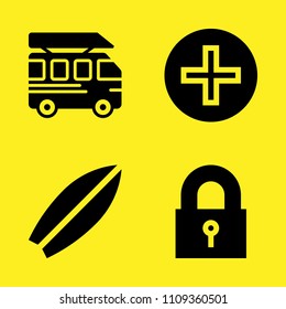 padlock, add, surfboard and bus vector icon set. Sample icons set for web and graphic design