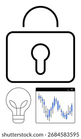 Padlock alongside a lightbulb and graph chart. Ideal for cybersecurity, innovation, data analysis, research, technology, finance, and education concepts. Line metaphor