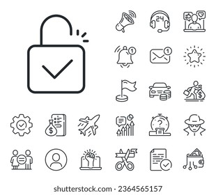 Padlock approved sign. Salaryman, gender equality and alert bell outline icons. Lock line icon. Security access symbol. Lock line sign. Spy or profile placeholder icon. Online support, strike. Vector