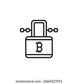 Vorhängeschloss mit einem Bitcoin-Symbol und Ketten, das eine sichere Kryptowährung, Blockchain-Sicherheit oder geschützte digitale Objekte darstellt.