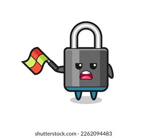 padlock cartoon as the line judge hold the flag up at a 45 degree angle , cute style design for t shirt, sticker, logo element