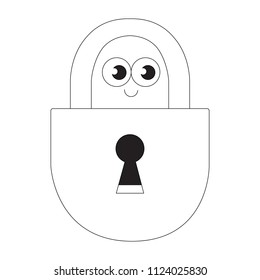 Padlock cartoon. Outlined illustration with thin line black stroke