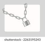 Padlock and chain. Gray metal chain and padlock, handcuffed card, vector