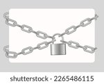 Padlock and chain. Gray metal chain and padlock, handcuffed card, vector