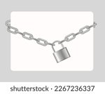 Padlock and chain. Gray metal chain and padlock, handcuffed card, vector