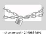 Padlock and chain. Gray metal chain and padlock, handcuffed card, vector