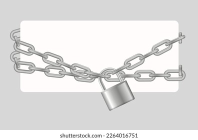 Padlock and chain. Gray metal chain and padlock, handcuffed card, vector