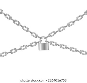 Padlock and chain. Gray metal chain and padlock, handcuffed card, vector