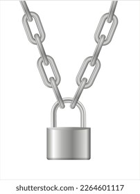 Padlock and chain. Gray metal chain and padlock, handcuffed card, vector