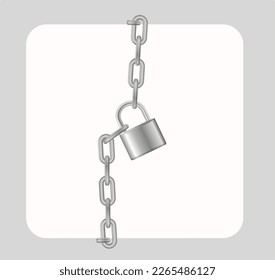Vorhängeschloss und Kette. Graue Metallkette und Vorhängeschloss, Handschenkarte, Vektorgrafik