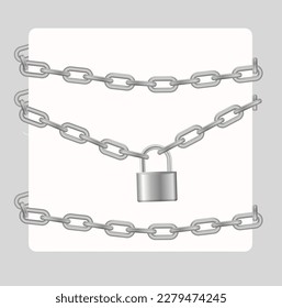 Padlock and chain. Gray metal chain and padlock, handcuffed card, vector