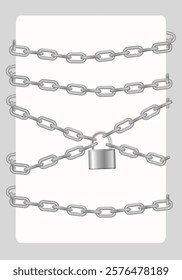 Padlock and chain. Gray metal chain and padlock, handcuffed card, vector