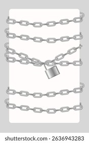 Padlock and chain. Gray metal chain and padlock, handcuffed card, vector