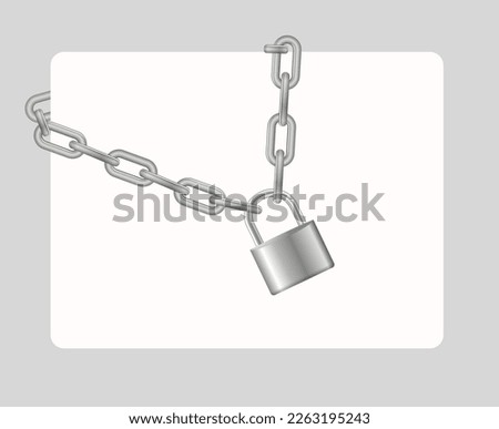 Padlock and chain. Gray metal chain and padlock, handcuffed card, vector