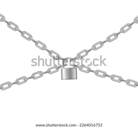 Padlock and chain. Gray metal chain and padlock, handcuffed card, vector