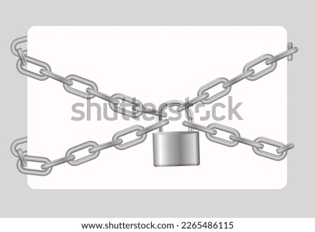 Padlock and chain. Gray metal chain and padlock, handcuffed card, vector