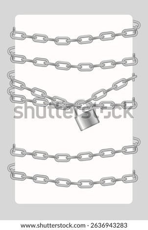 Padlock and chain. Gray metal chain and padlock, handcuffed card, vector