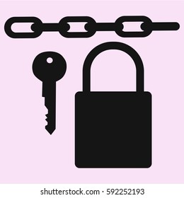 Padlock with chain and key vector silhouette isolated