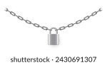 Padlock and chain vector illustration. Steel silver lock with link isolated on white background. Secure privacy and business information. Personal data protection. Safety concept.