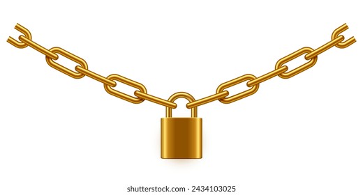 Padlock and chain vector illustration. Steel gold lock with link isolated on white background. Secure privacy and business information. Personal data protection. Safety golden concept.