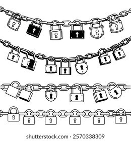 A Padlock and chains vector and silhouette illustration with white background 