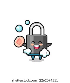 padlock character is bathing while holding soap , cute style design for t shirt, sticker, logo element