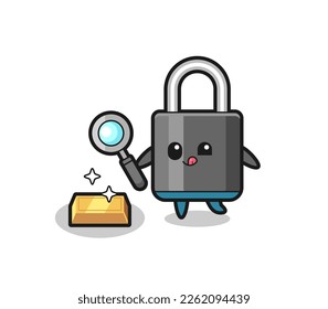 el personaje de padlock está comprobando la autenticidad del lingote de oro , diseño de estilo lindo para camiseta, pegatina, elemento logo