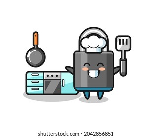 padlock character illustration as a chef is cooking , cute style design for t shirt, sticker, logo element