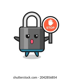 padlock character illustration holding a stop sign , cute style design for t shirt, sticker, logo element