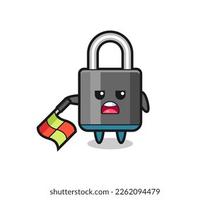 padlock character as line judge hold the flag down at a 45 degree angle , cute style design for t shirt, sticker, logo element