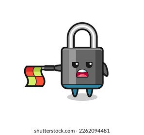 padlock character as line judge hold the flag straight horizontally , cute style design for t shirt, sticker, logo element