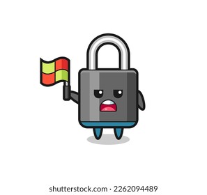 padlock character as line judge putting the flag up , cute style design for t shirt, sticker, logo element