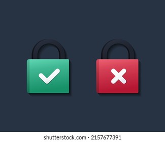 Padlock checkmark and cross sign. Vector illustration 