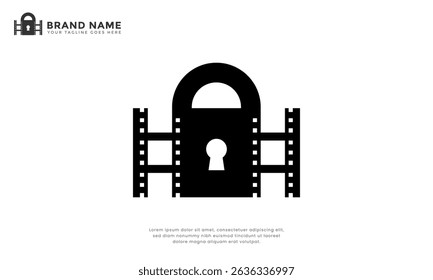 Padlock cinema logo. Modern logo combine film strip with padlock, perfect for secure streaming, protected content, digital rights management, or private media services.