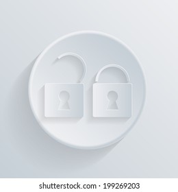 padlock. circle white paper icon with a long shadow.