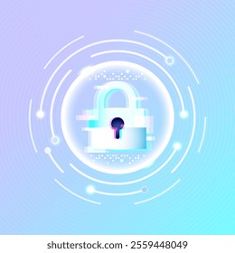 Padlock in the circular circuit. Cyber security technology concept abstract on a bright background. Technology data protection system, Internet security and safety information personal