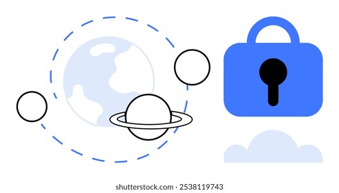 Padlock with a cloud beside a globe and planets orbiting. Ideal for cybersecurity themes, space exploration, data protection, internet safety, digital security. Vector, minimal style, blue and white