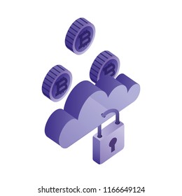 padlock with cloud computing and bitcoins
