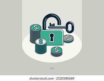 Padlock with coins stack vector conceptual poster, secured savings concept, simple icon style illustration of a lock with money, financial safety metaphor, financial protection.