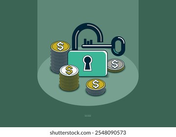 Candado con el cartel conceptual del Vector de la pila de monedas, concepto de ahorro asegurado, ilustración simple del estilo del icono de una cerradura con el dinero, metáfora de la seguridad financiera, protección financiera.