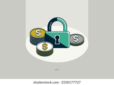 Candado con el cartel conceptual del Vector de la pila de monedas, concepto de ahorro asegurado, ilustración simple del estilo del icono de una cerradura con el dinero, metáfora de la seguridad financiera, protección financiera.